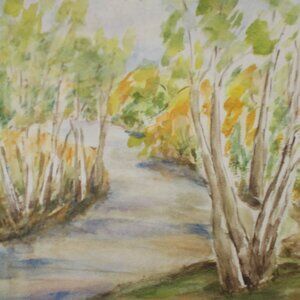 Original vintage waterfront scenic view watercolor painting 9"x12", signed